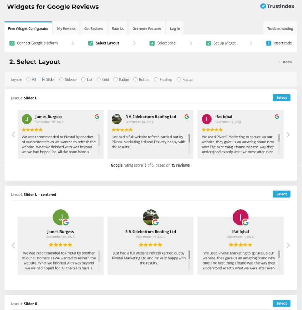Embed Google Reviews WordPress pt 2, select layout